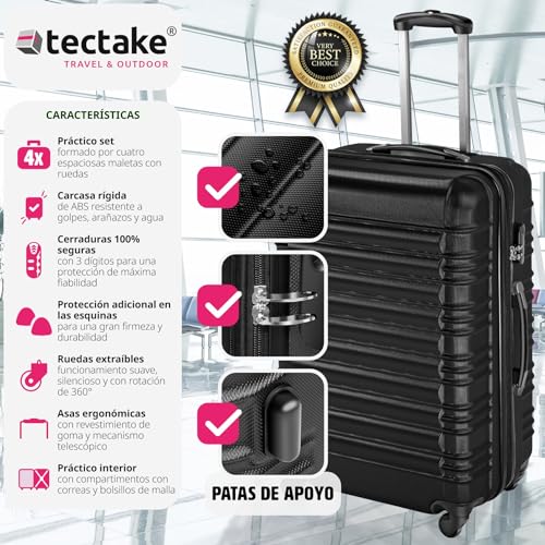 TecTake 800317 Conjunto de 4 Maletas ABS, Set de 4 Piezas, Trolley de Viaje, Carcasa Rígida, Ruedas con Giro de 360 (Negro | No. 402024)