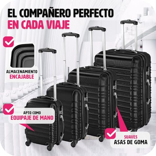 TecTake 800317 Conjunto de 4 Maletas ABS, Set de 4 Piezas, Trolley de Viaje, Carcasa Rígida, Ruedas con Giro de 360 (Negro | No. 402024)