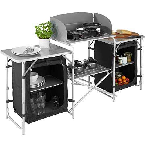 TecTake 800747 Cocina de Camping, Aluminio, Plegable para Exteriores, Patas Ajustables, Compartimentos, Negro, Incl. Bolsa de Transporte - Varios Modelos (Tipo 1 | No. 403344)