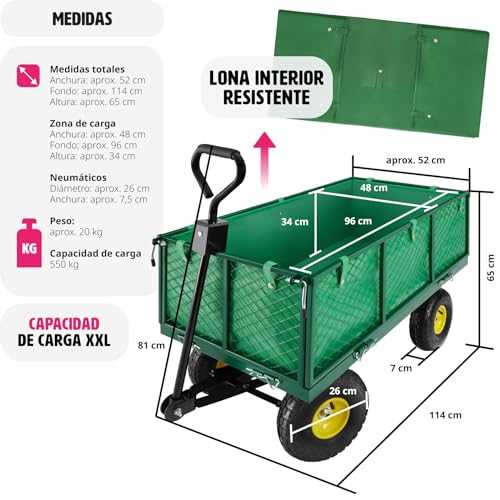 TecTake Carro de Transporte Carretilla de Mano de Jardin construccion MAX. Carga 550 kg