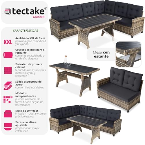 tectake® Conjunto Jardín de Ratán Combinable con Cojines de Grosor 9 cm, Conjunto Terraza Resistente a Rayos UV, Muebles Jardín Exterior 2 Sofás, 1 Sofá Esquinero, 1 Mesa con Pies Ajustables - natural