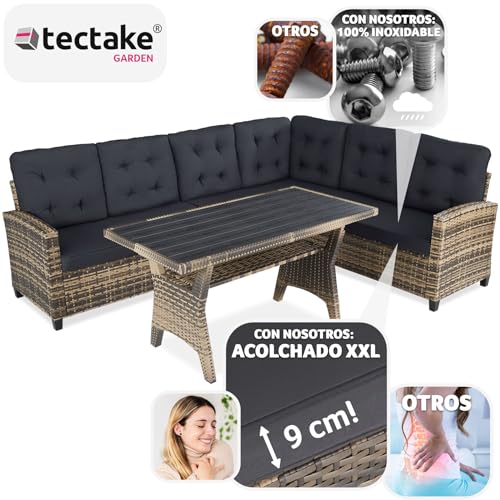 tectake® Conjunto Jardín de Ratán Combinable con Cojines de Grosor 9 cm, Conjunto Terraza Resistente a Rayos UV, Muebles Jardín Exterior 2 Sofás, 1 Sofá Esquinero, 1 Mesa con Pies Ajustables - natural