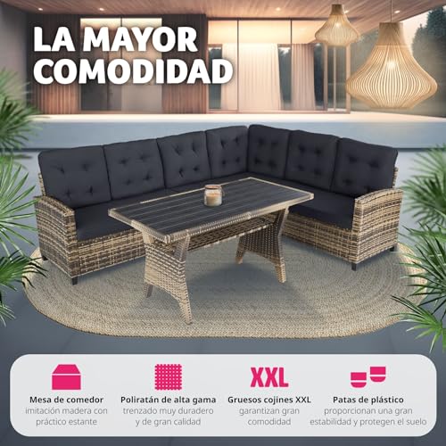 tectake® Conjunto Jardín de Ratán Combinable con Cojines de Grosor 9 cm, Conjunto Terraza Resistente a Rayos UV, Muebles Jardín Exterior 2 Sofás, 1 Sofá Esquinero, 1 Mesa con Pies Ajustables - natural