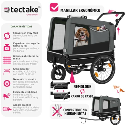 tectake® Remolque Bicicleta Perros Multifuncional, Carrito para Perros Plegable, Carro Perro con Manillar Extraíble, Reflectores, Bandera y Arnés Seguridad, Remolque Bici Perro, 240L, Carga Máx 40 kg