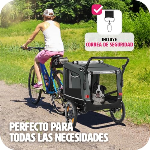 tectake® Remolque Bicicleta Perros Multifuncional, Carrito para Perros Plegable, Carro Perro con Manillar Extraíble, Reflectores, Bandera y Arnés Seguridad, Remolque Bici Perro, 240L, Carga Máx 40 kg