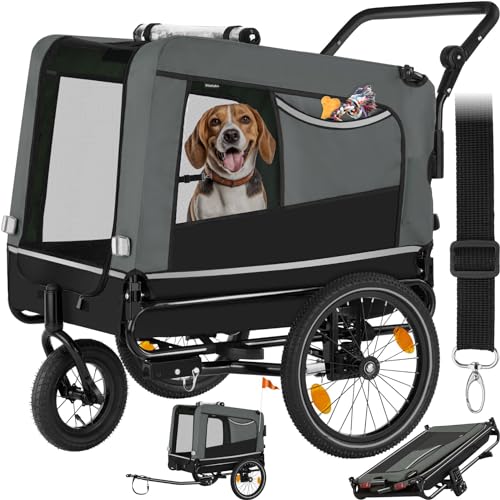 tectake® Remolque Bicicleta Perros Multifuncional, Carrito para Perros Plegable, Carro Perro con Manillar Extraíble, Reflectores, Bandera y Arnés Seguridad, Remolque Bici Perro, 240L, Carga Máx 40 kg