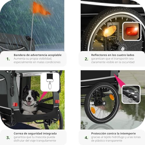 tectake® Remolque Bicicleta Perros Multifuncional, Carrito para Perros Plegable, Carro Perro con Manillar Extraíble, Reflectores, Bandera y Arnés Seguridad, Remolque Bici Perro, 240L, Carga Máx 40 kg