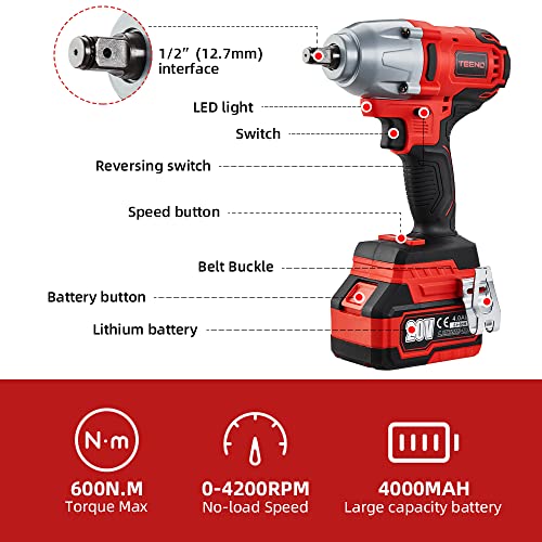 TEENO Llave de impacto Baterías de iones de litio sin escobillas de 20 V 4,0 Ah, 4 vasos de impacto, 1/2 pulgada, 600 N.m (dos baterías)