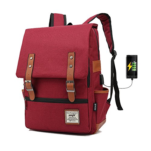 TEIMOSE J013 Mochila Portátil Casual del Trabajo Diario Camping Viaje, Mochila para Portátil Multiusos Daypacks con Puerto de Carga USB (wine red)