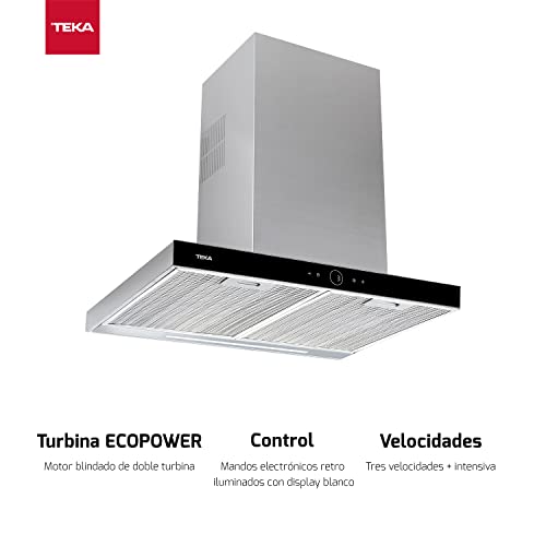 Teka DLH 786 T - Campana Extractora 70 cm, Mandos Digitales Touch Control con Display Blanco, 3 Velocidades + Intensiva, Programador del Tiempo, Iluminación Led, Color Acero Inoxidable y Negro