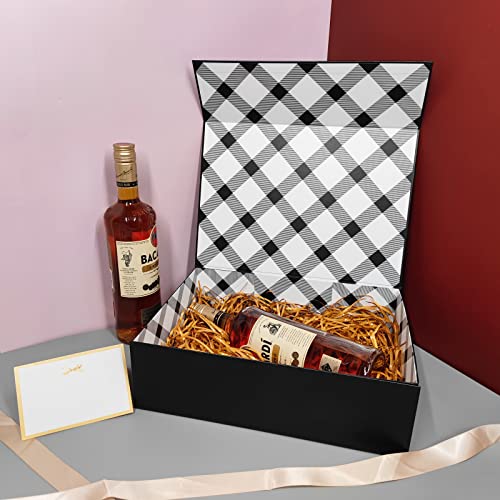 Tekhoho Caja de Regalos Grande Negro 33x23,7x10 cm, Caja de Regalos Premium con Tapa MagnéTica y Cinta para Embalaje de Regalos de Bodas y CumpleañOs, Forro a Cuadros