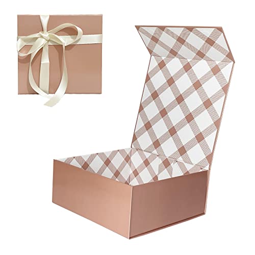 Tekhoho Caja de Regalos Pequeña Oro Rosa 21,5x21,5x9 cm, Caja de Regalos Premium con Tapa MagnéTica y Cinta para Embalaje de Regalos de Bodas y CumpleañOs, Forro a Cuadros