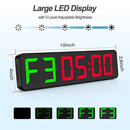 Temporizador con Reloj Gimnasio de Pared Digital LED Grande de 15",Fitness Temporizador de Intervalos con Cronómetro,Regresiva/Ascendente,Volumen Ajustable,Timer de Entrenamiento con Control Remoto