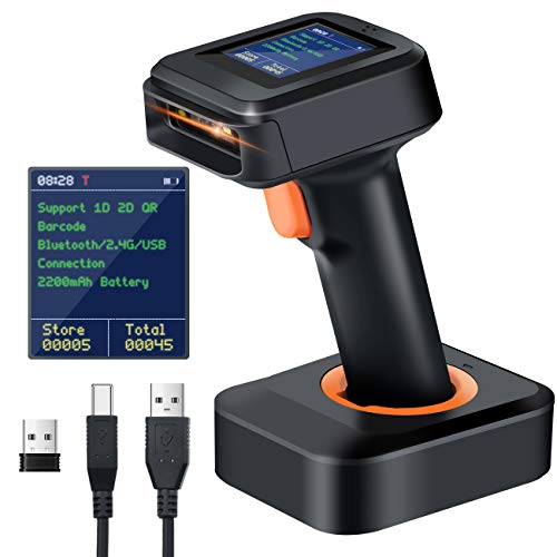 Tera Lector de Codigos de Barras Inalambrico Inventario 1D 2D con Pantalla Escaner de Codigo de Barras Bluetooth con Receptor Inalambrico Base del Cargador y Cable USB Compatible de Windows, Android