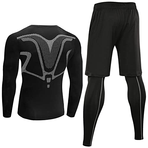 Terecey 3 Piezas Conjunto de Compresion Hombre Camisetas Manga Larga Cuello Redondo + Mallas Deporte Hombre + Pantalones Cortos para Running Correr Gym Fitness