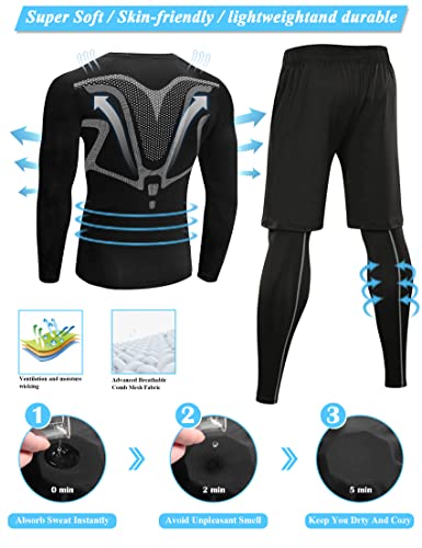 Terecey 3 Piezas Conjunto de Compresion Hombre Camisetas Manga Larga Cuello Redondo + Mallas Deporte Hombre + Pantalones Cortos para Running Correr Gym Fitness