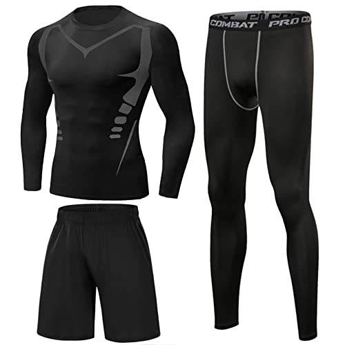 Terecey 3 Piezas Conjunto de Compresion Hombre Camisetas Manga Larga Cuello Redondo + Mallas Deporte Hombre + Pantalones Cortos para Running Correr Gym Fitness