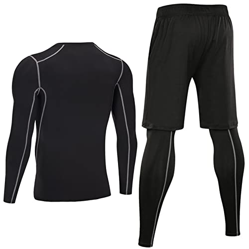 Terecey 3 Piezas Conjunto de Compresion Hombre Camisetas Manga Larga Cuello Redondo + Mallas Deporte Hombre + Pantalones Cortos para Running Correr Gym Fitness