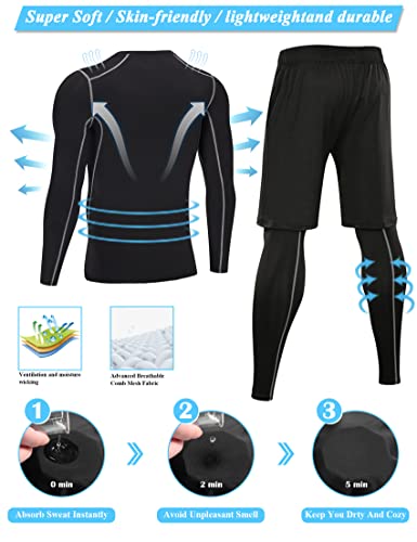 Terecey 3 Piezas Conjunto de Compresion Hombre Camisetas Manga Larga Cuello Redondo + Mallas Deporte Hombre + Pantalones Cortos para Running Correr Gym Fitness