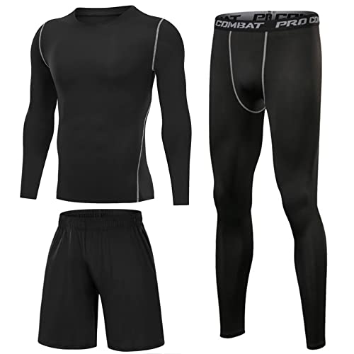 Terecey 3 Piezas Conjunto de Compresion Hombre Camisetas Manga Larga Cuello Redondo + Mallas Deporte Hombre + Pantalones Cortos para Running Correr Gym Fitness