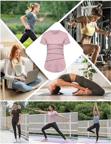 Terecey Camisetas Manga Corta Mujer de Secado Rápido Camiseta Deportiva para Mujer y Cuello Redondo Camisetas Deporte para Yoga Gym Fitness Pilates Rosa-XXL