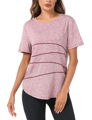 Terecey Camisetas Manga Corta Mujer de Secado Rápido Camiseta Deportiva para Mujer y Cuello Redondo Camisetas Deporte para Yoga Gym Fitness Pilates Rosa-XXL