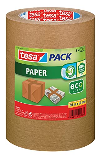 tesapack Papel ecoLogo - Cinta de Embalaje de Papel Amigable con el Medio Ambiente, 60 Prozent de Material de Origen Biológico - Marrón - 50 m x 50 mm, Paquete con 3 Cintas