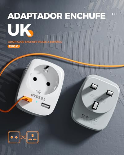 TESSAN 2 Paquetes Adaptador Enchufe UK, Adaptador Enchufe Irlanda con 2 USB, Adaptador Enchufe Ingles a Español para Reino Unido Irlanda Escocia Britanico Maldivas, Adaptador Tipo G