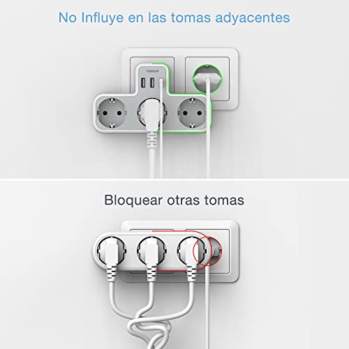 TESSAN Ladron Enchufes Múltiple USB con 2 Puertos USB y USB C, Ladron Enchufes Plano de Pared para Oficina, Cocina, Compatible con Móviles, Blanco y Gris