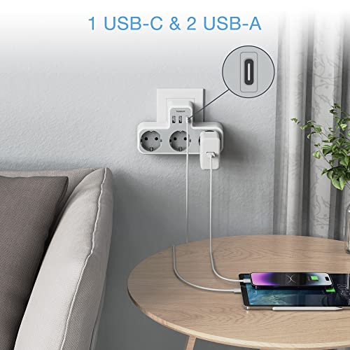 TESSAN Ladron Enchufes Múltiple USB con 2 Puertos USB y USB C, Ladron Enchufes Plano de Pared para Oficina, Cocina, Compatible con Móviles, Blanco y Gris