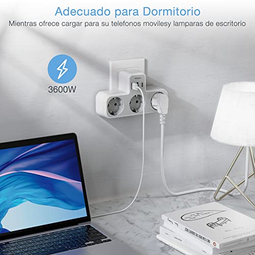 TESSAN Ladron Enchufes Múltiple USB con 2 Puertos USB y USB C, Ladron Enchufes Plano de Pared para Oficina, Cocina, Compatible con Móviles, Blanco y Gris