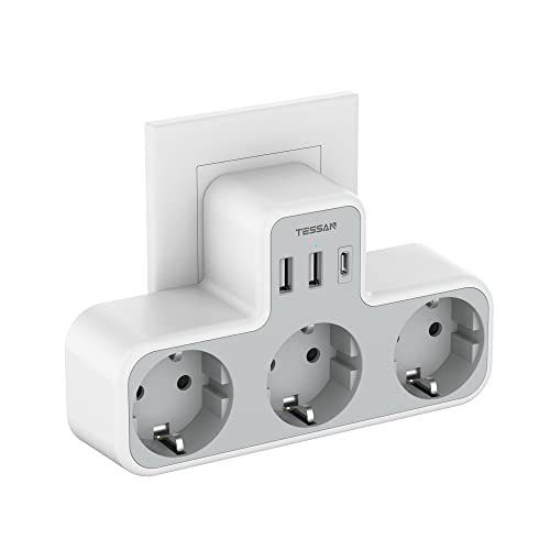 TESSAN Ladron Enchufes Múltiple USB con 2 Puertos USB y USB C, Ladron Enchufes Plano de Pared para Oficina, Cocina, Compatible con Móviles, Blanco y Gris