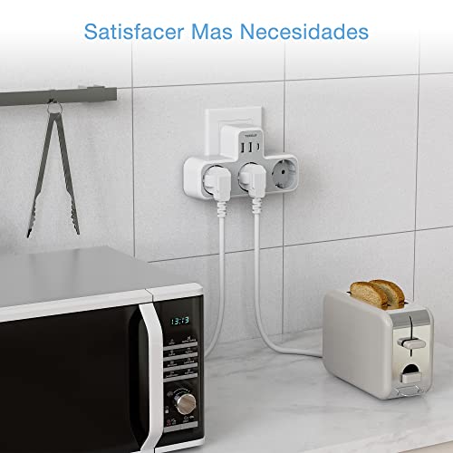 TESSAN Ladron Enchufes Múltiple USB con 2 Puertos USB y USB C, Ladron Enchufes Plano de Pared para Oficina, Cocina, Compatible con Móviles, Blanco y Gris