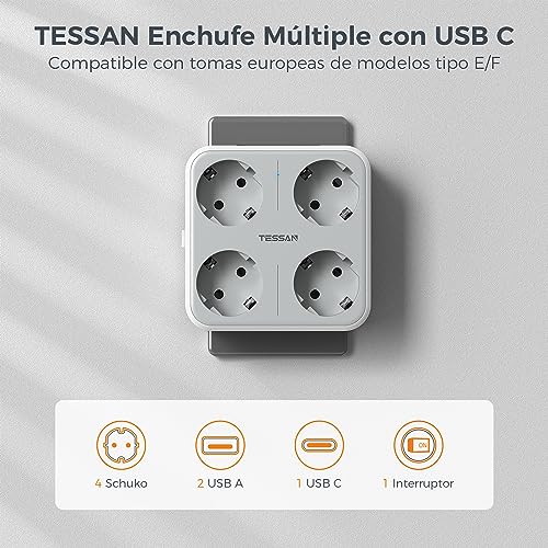 TESSAN Ladron Enchufes USB C, Enchufe Multiple 4 Enchufes Schuko con 1 USB C y 2 USB A, Ladrones para Enchufes 4000W, 7 en 1 Ladron Enchufe con USB para Oficina, Cocina, Enchufe Ladron Pared Gris