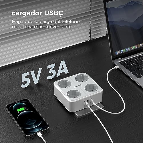 TESSAN Ladron Enchufes USB C, Enchufe Multiple 4 Enchufes Schuko con 1 USB C y 2 USB A, Ladrones para Enchufes 4000W, 7 en 1 Ladron Enchufe con USB para Oficina, Cocina, Enchufe Ladron Pared Gris