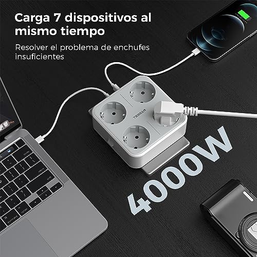 TESSAN Ladron Enchufes USB C, Enchufe Multiple 4 Enchufes Schuko con 1 USB C y 2 USB A, Ladrones para Enchufes 4000W, 7 en 1 Ladron Enchufe con USB para Oficina, Cocina, Enchufe Ladron Pared Gris