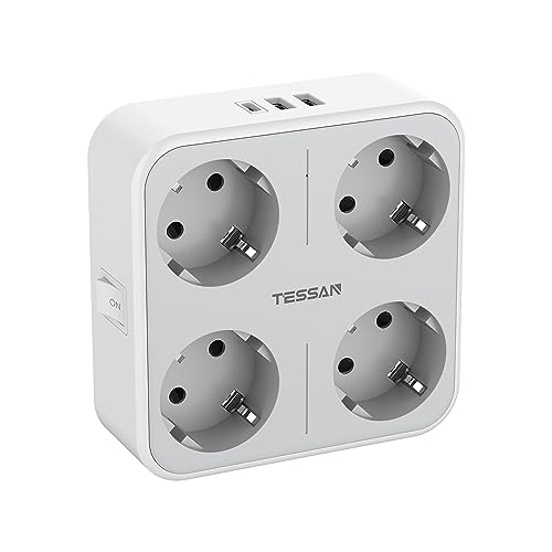 TESSAN Ladron Enchufes USB C, Enchufe Multiple 4 Enchufes Schuko con 1 USB C y 2 USB A, Ladrones para Enchufes 4000W, 7 en 1 Ladron Enchufe con USB para Oficina, Cocina, Enchufe Ladron Pared Gris