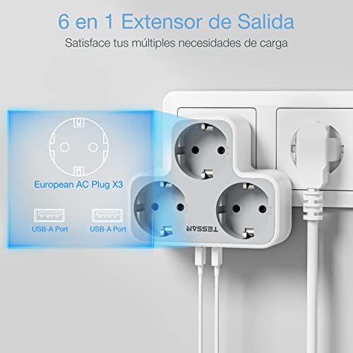 TESSAN Ladron Plano Moderno de Enchufes Multiples con 3 Shucko y 2 USB, para Cocina, Hogar, Blanco y Gris