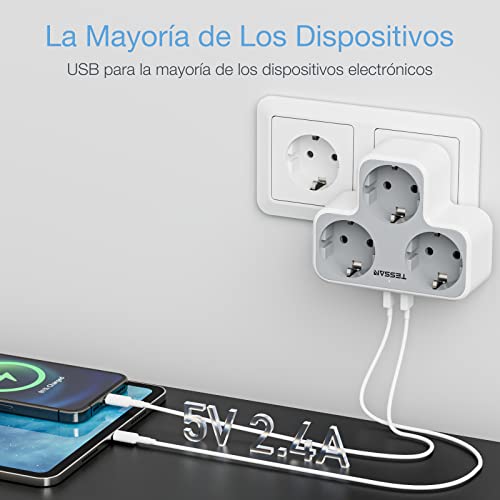 TESSAN Ladron Plano Moderno de Enchufes Multiples con 3 Shucko y 2 USB, para Cocina, Hogar, Blanco y Gris