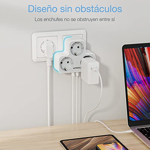 TESSAN Ladron Plano Moderno de Enchufes Multiples con 3 Shucko y 2 USB, para Cocina, Hogar, Blanco y Gris