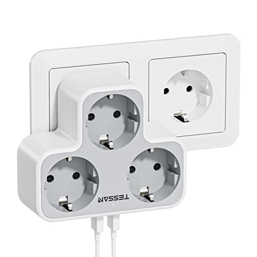 TESSAN Ladron Plano Moderno de Enchufes Multiples con 3 Shucko y 2 USB, para Cocina, Hogar, Blanco y Gris