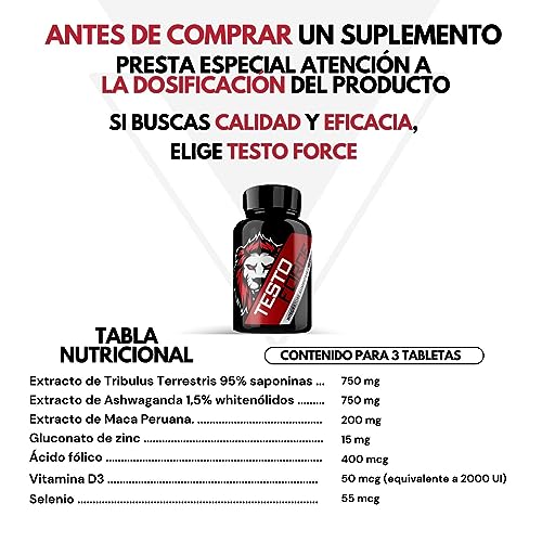 Testosterona Hombre | TESTO FORCE | 90 Comprimidos | Acción Rápida y Potente | Fuerza, Energia |Hombre Musculacion | Suplementos Deportivos | Tribulus terrestris, Maca peruana, Ashwaganda, Zinc,