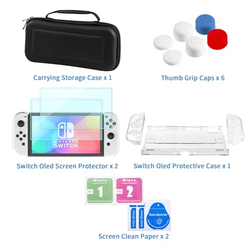 Teyomi Funda Compatible con Nintendo Switch OLED, Funda Switch OLED Transparente Dockable, Switch OLED Accesorios con Bolsa, Protector de Pantalla, Funda para Joy-con, Gorra de Joystick (Negro)