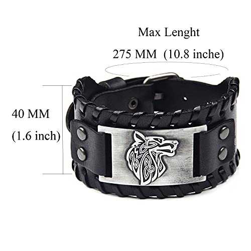 Thajaling Pulsera ancha de cuero negro con diseño de cabeza de lobo de plata envejecida, 17.5 to 22.5cm, Cuero