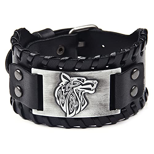 Thajaling Pulsera ancha de cuero negro con diseño de cabeza de lobo de plata envejecida, 17.5 to 22.5cm, Cuero