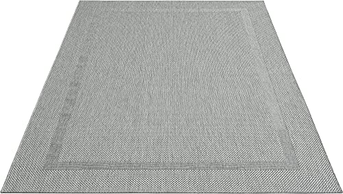 the carpet Mistra - Robusta Alfombra de Exterior, Moderna, Resistente a la Intemperie y a los Rayos UV, para el balcón, la terraza o la Cocina, de Tejido Plano, Borde Gris, 80 x 150 cm