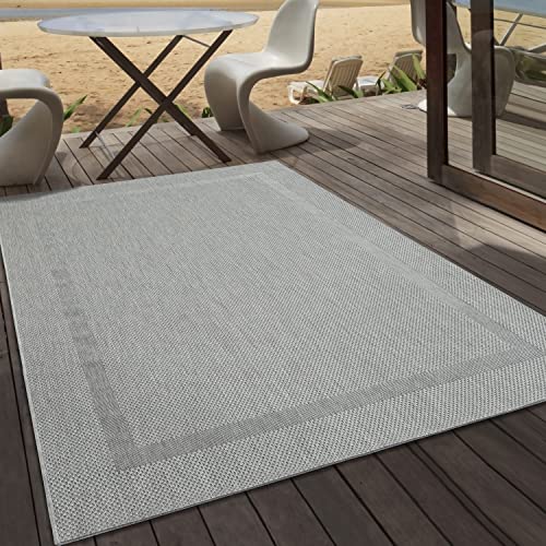 the carpet Mistra - Robusta Alfombra de Exterior, Moderna, Resistente a la Intemperie y a los Rayos UV, para el balcón, la terraza o la Cocina, de Tejido Plano, Borde Gris, 80 x 150 cm