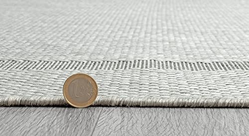 the carpet Mistra - Robusta Alfombra de Exterior, Moderna, Resistente a la Intemperie y a los Rayos UV, para el balcón, la terraza o la Cocina, de Tejido Plano, Borde Gris, 80 x 150 cm