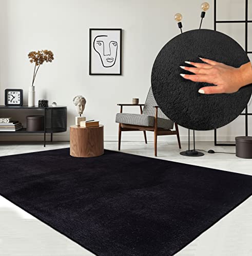 the carpet Relax - Alfombra Moderna y mullida de Pelo Corto, Parte Inferior Antideslizante, Lavable hasta 30 Grados, Muy Suave, imitación de Pelo, Color Negro, 240 x 340 cm