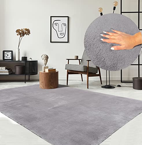 the carpet Relax - Alfombra Moderna y mullida de Pelo Corto, Parte Inferior Antideslizante, Lavable hasta 30 Grados, Muy Suave, imitación de Pelo, Color Gris, 140 x 200 cm